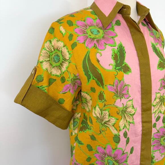 ALEMAIS Winnie Floral Print Linen Shirt Button-Down Top Tangerine US 4 Oversized - Picture 4 of 10